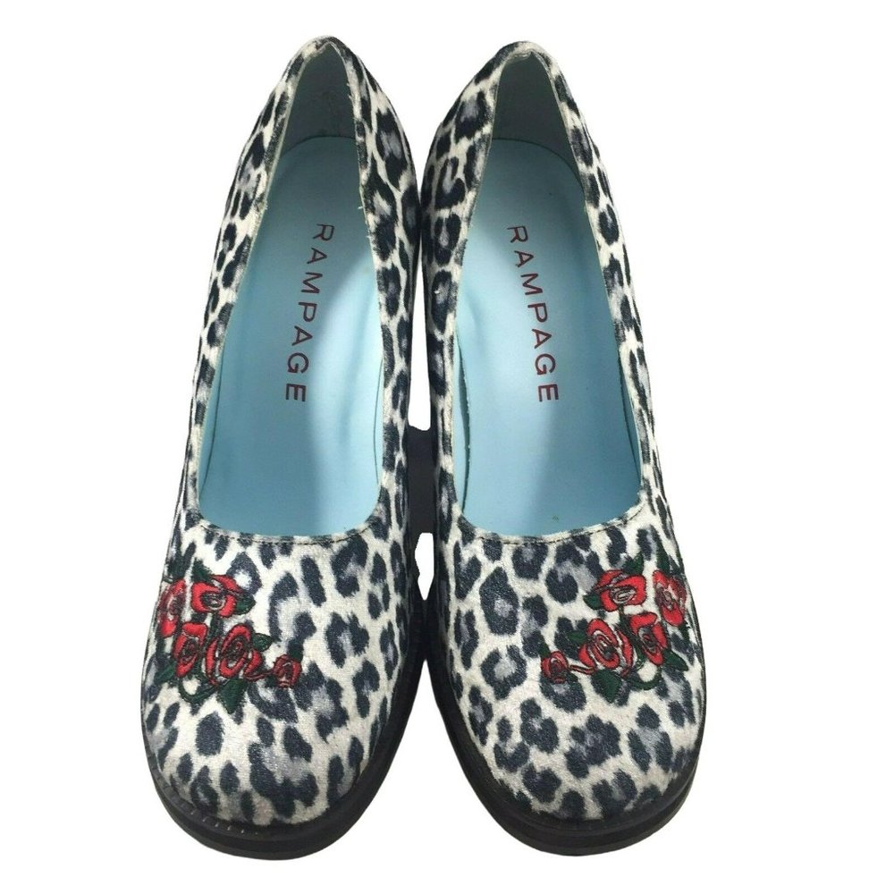 Rampage Asha Platform Block Heels Womens 7 M Gray Leopard Print Embroidered Rose